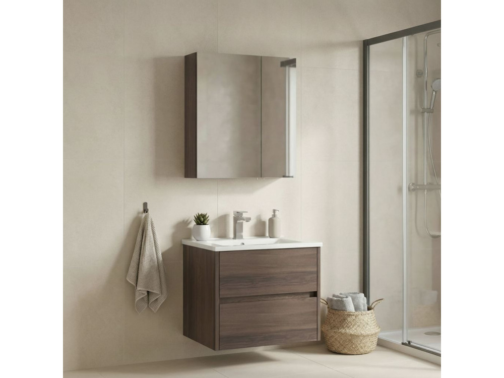 Ensemble Meuble Vasque avec Miroir (2 Pièces) "Side 65 v2" - 65 x 45 x 52 cm - Walnut