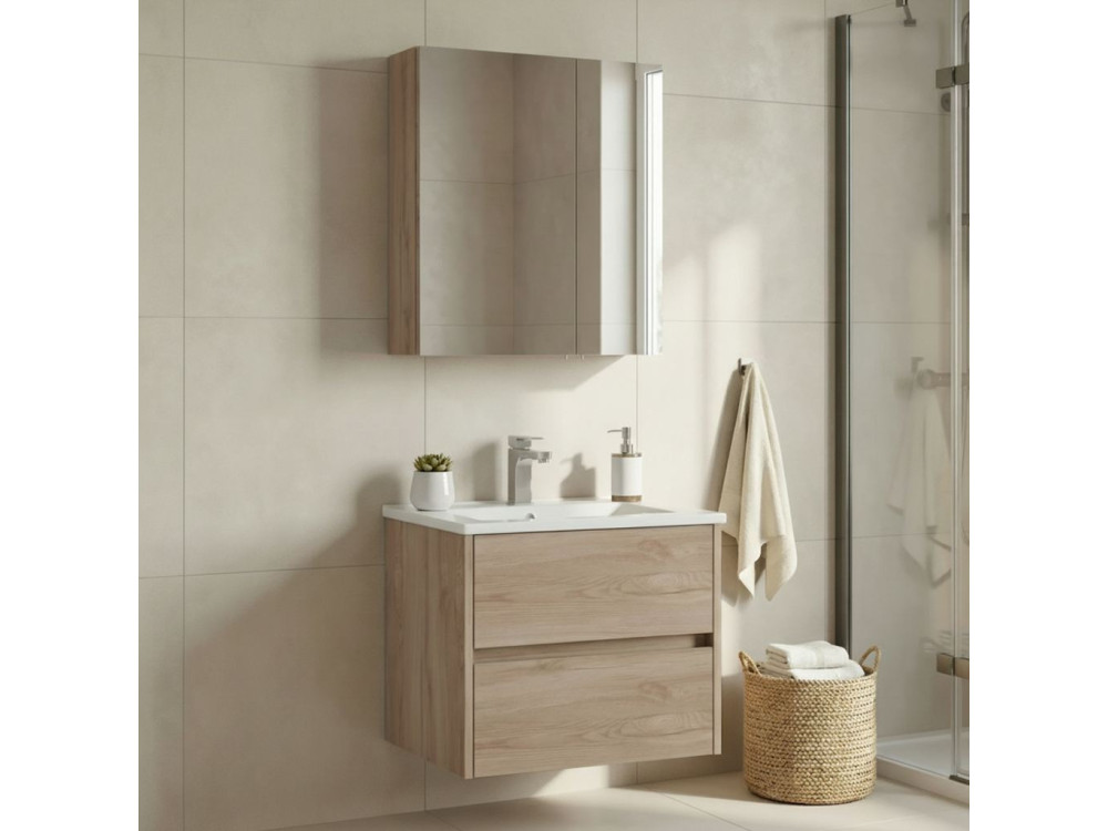 Ensemble Meuble Vasque avec Miroir (2 Pièces) "Side 65 v2" - 65 x 45 x 52 cm - Oak