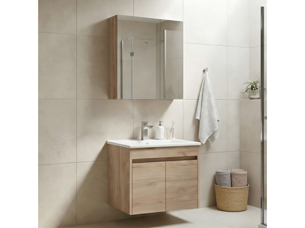 Ensemble Meuble Vasque avec Miroir (2 Pièces) "Side 65 v2" - 65 x 45 x 52 cm - Oak