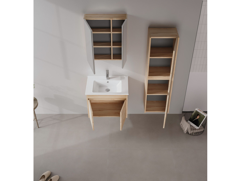 Ensemble Meuble Vasque avec Miroir (2 Pièces) "Side 65 v2" - 65 x 45 x 52 cm - Oak