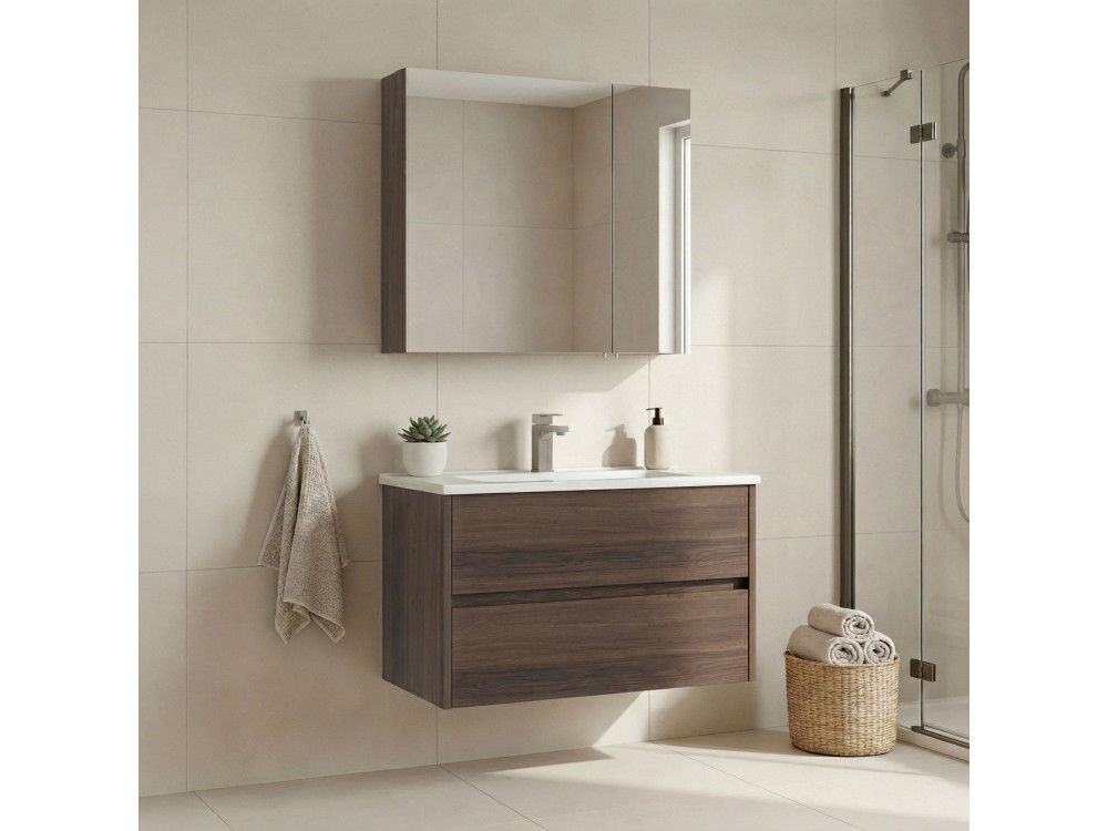 Ensemble Meuble Vasque avec Miroir (2 Pièces) "Side 85 v2" - 85 x 45 x 52 cm - Walnut