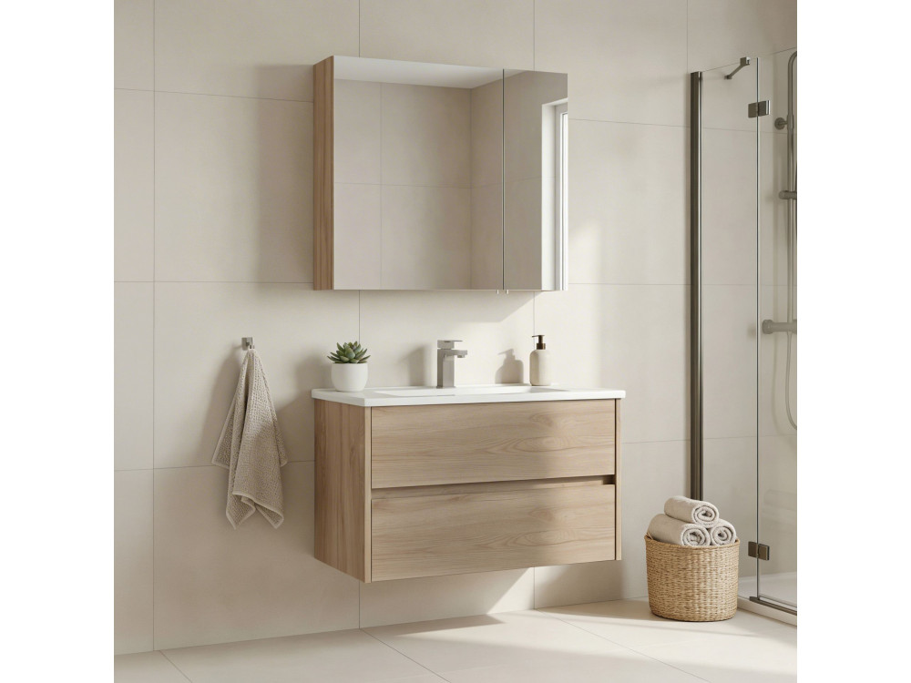 Ensemble Meuble Vasque avec Miroir (2 Pièces) "Side 85 v2" - 85 x 45 x 52 cm - Oak