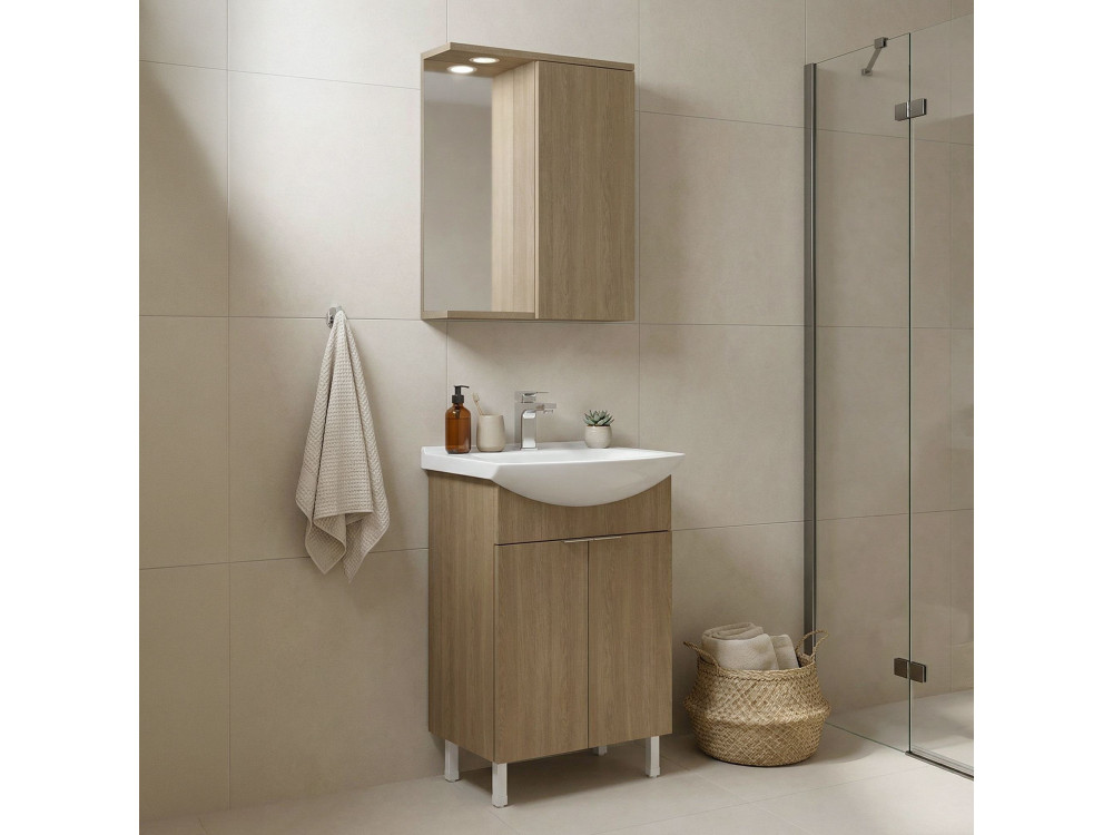 Ensemble Meuble Vasque avec Miroir (2 Pièces) "Purus 55" - 55 x 50 x 83 cm - Oak