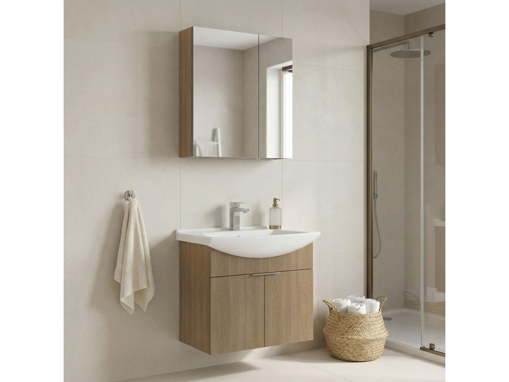 Ensemble Meuble Vasque avec Miroir (2 Pièces) "Purus 65" - 65 x 50 x 58 cm - Oak