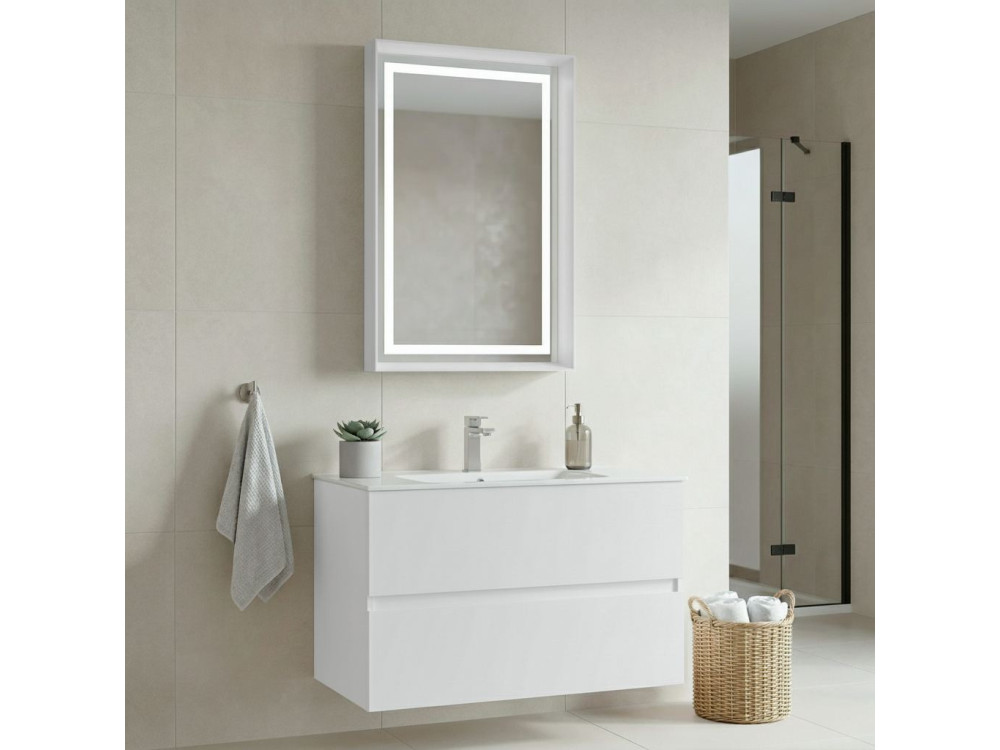 Ensemble Meuble Vasque avec Miroir (2 Pièces) "Nest 91 v2" - 91 x 51 x 55 cm - Matte White