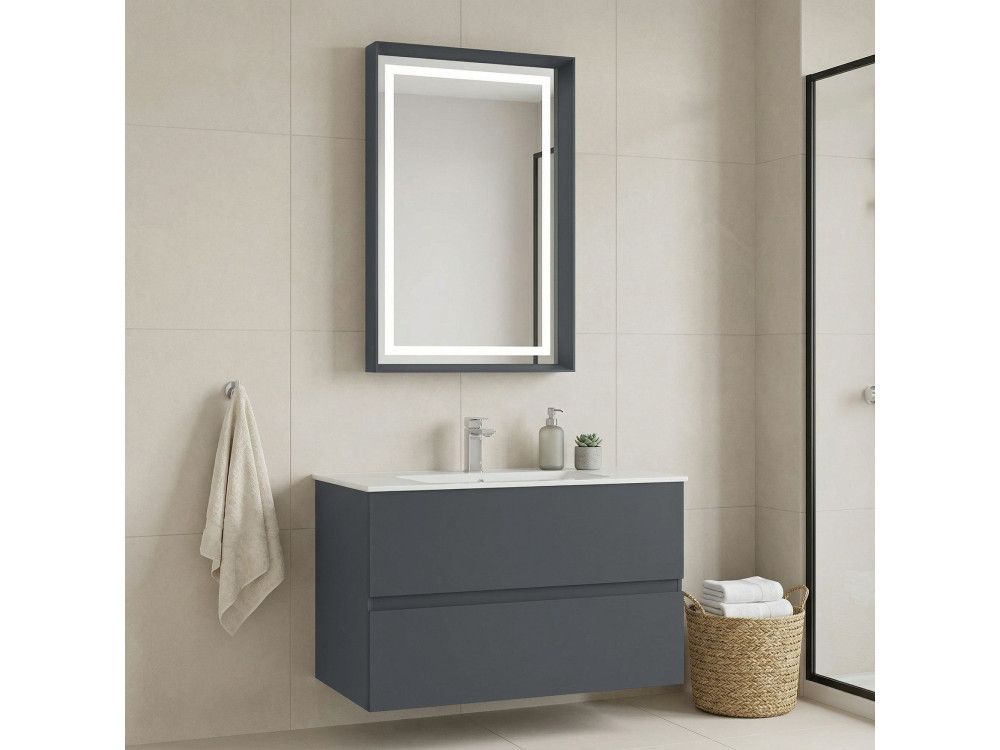 Ensemble Meuble Vasque avec Miroir (2 Pièces) "Nest 91 v2" - 91 x 51 x 55 cm - Matte Anthracite