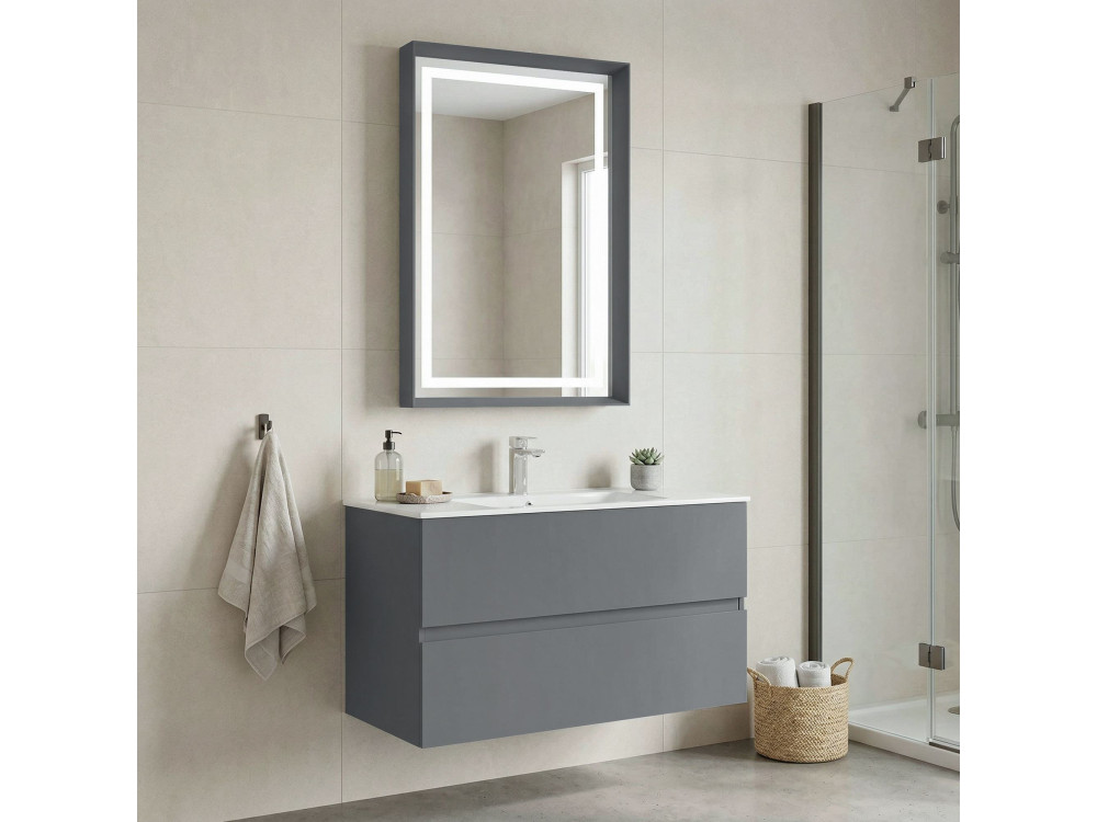 Ensemble Meuble Vasque avec Miroir (2 Pièces) "Nest 91 v2" - 91 x 51 x 55 cm - Matte Grey