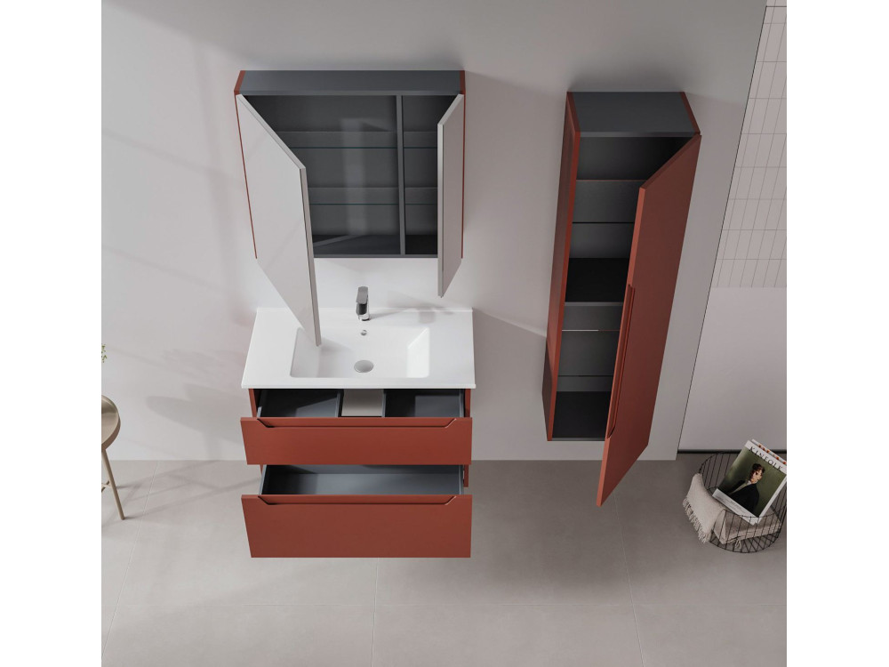 Ensemble Meuble Vasque avec Miroir (2 Pièces) "Messina 85 v2" - 85 x 45 x 55 cm - Matte Red