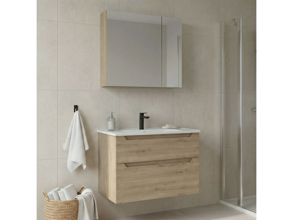 Ensemble Meuble Vasque avec Miroir (2 Pièces) "Messina 85 v2" - 85 x 45 x 55 cm - Oak