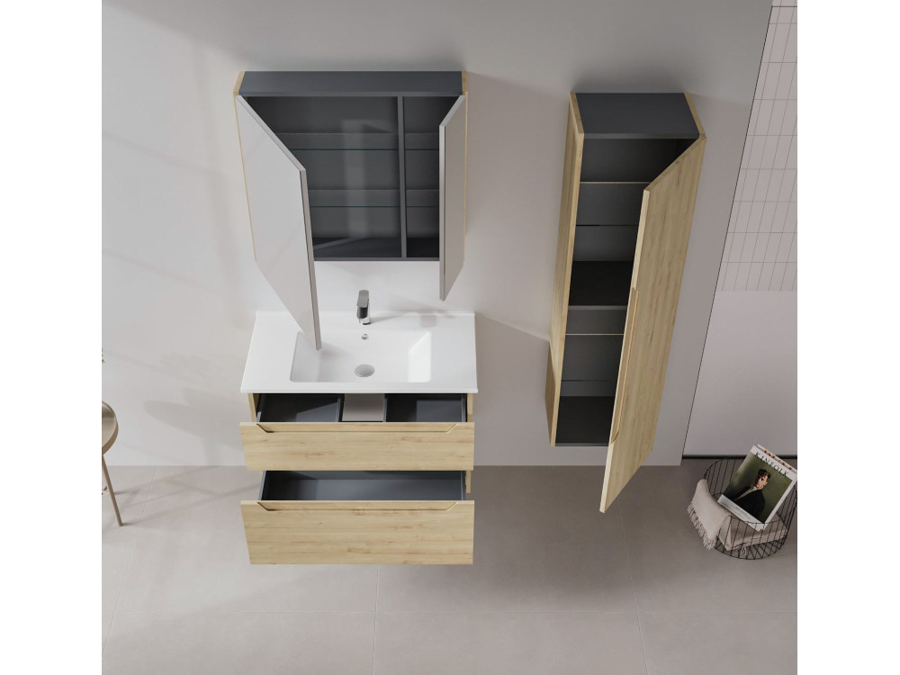Ensemble Meuble Vasque avec Miroir (2 Pièces) "Messina 85 v2" - 85 x 45 x 55 cm - Oak