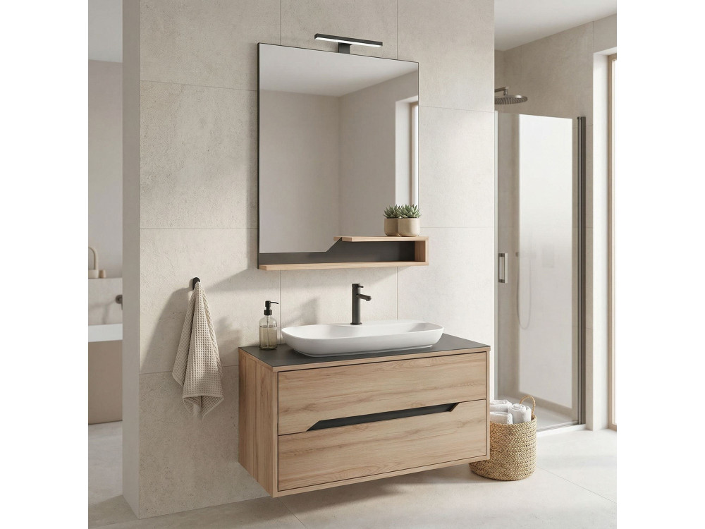 Ensemble Meuble Vasque avec Miroir (2 Pièces) "Galia 100 v2" - 100 x 50 x 50 cm - Oak