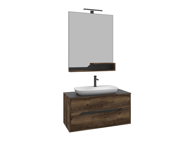 Ensemble Meuble Vasque avec Miroir (2 Pièces) "Galia 100 v2" - 100 x 50 x 50 cm - Walnut