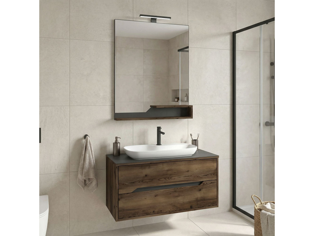 Ensemble Meuble Vasque avec Miroir (2 Pièces) "Galia 100 v2" - 100 x 50 x 50 cm - Walnut