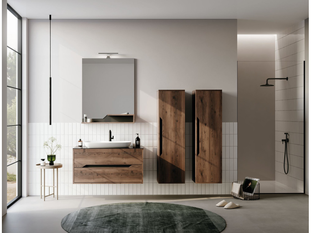 Ensemble Meuble Vasque avec Miroir (2 Pièces) "Galia 100 v2" - 100 x 50 x 50 cm - Walnut