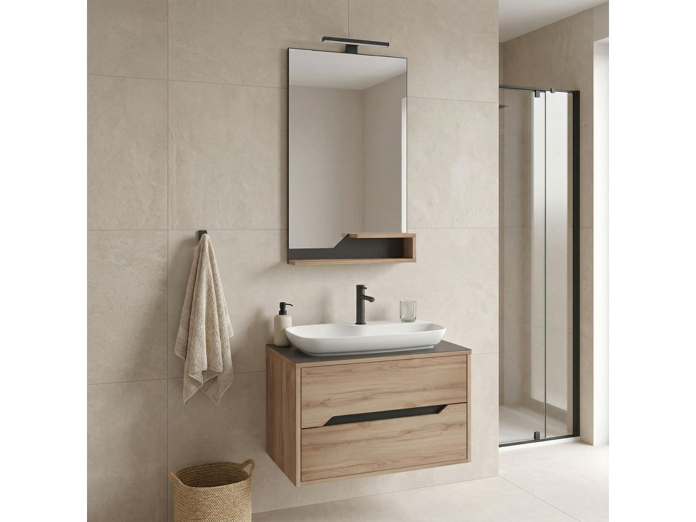 Ensemble Meuble Vasque avec Miroir (2 Pièces) "Galia 80 v2" - 100 x 50 x 50 cm - Oak
