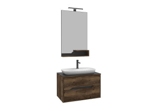 Ensemble Meuble Vasque avec Miroir (2 Pièces) "Galia 80 v2" - 100 x 50 x 50 cm - Walnut