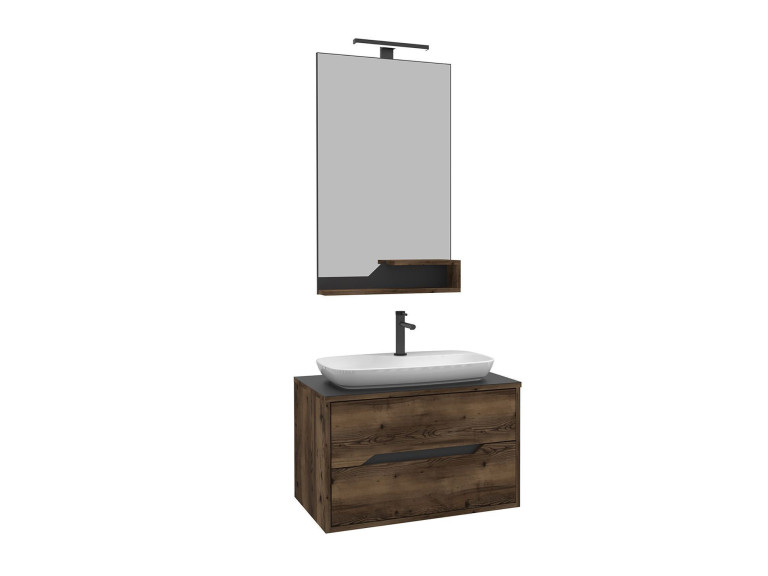 Ensemble Meuble Vasque avec Miroir (2 Pièces) "Galia 80 v2" - 100 x 50 x 50 cm - Walnut