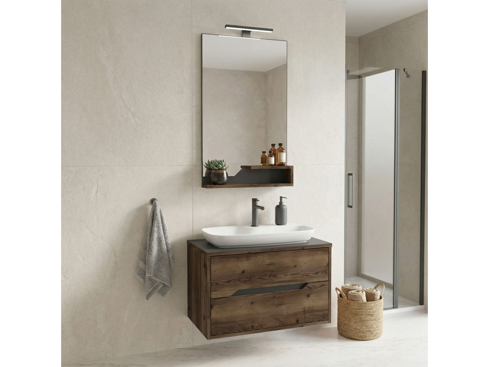 Ensemble Meuble Vasque avec Miroir (2 Pièces) "Galia 80 v2" - 100 x 50 x 50 cm - Walnut