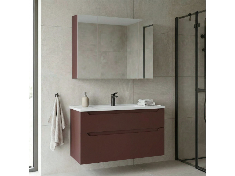 Ensemble Meuble Vasque avec Miroir (2 Pièces) "Messina 100 v2" - 100 x 45 x 55 cm - Matte Red