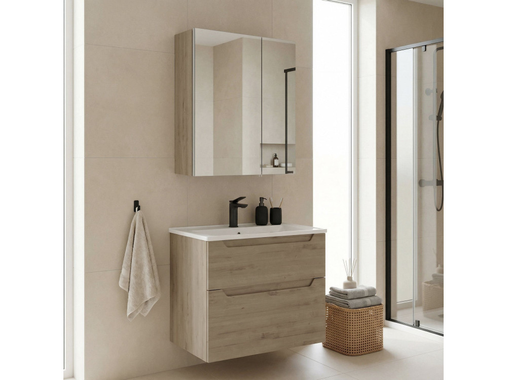 Ensemble Meuble Vasque avec Miroir (2 Pièces) "Messina 65 v2" - 65 x 45 x 55 cm - Oak