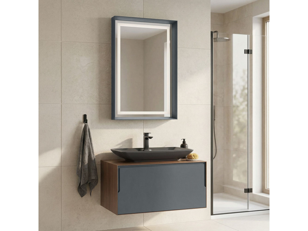 Ensemble Meuble Vasque avec Miroir (2 Pièces) "Craft 80" - 60 x 50 x 40 cm - Walnut / Anthracite