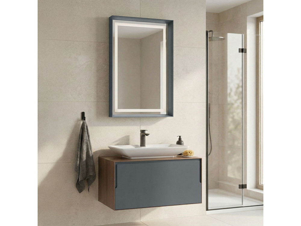 Ensemble Meuble Vasque avec Miroir (2 Pièces) "Craft 80" - 60 x 50 x 40 cm - Walnut / Anthracite / White