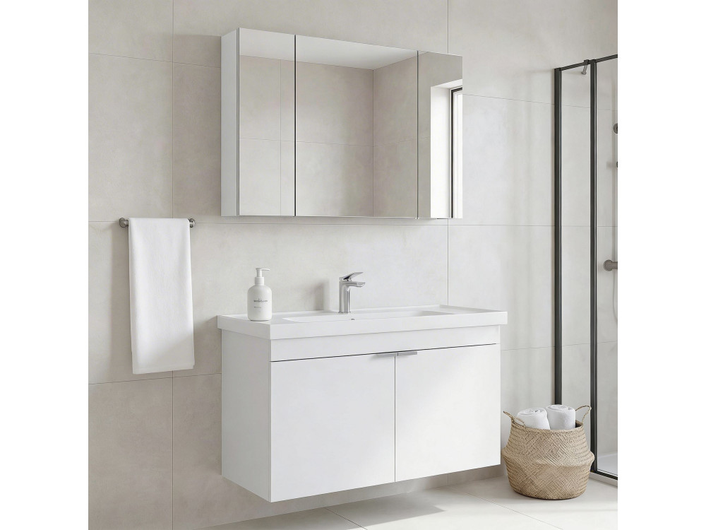 Ensemble Meuble Vasque avec Miroir (2 Pièces) "Desna 100" - 100 x 45 x 58 cm - Matte White