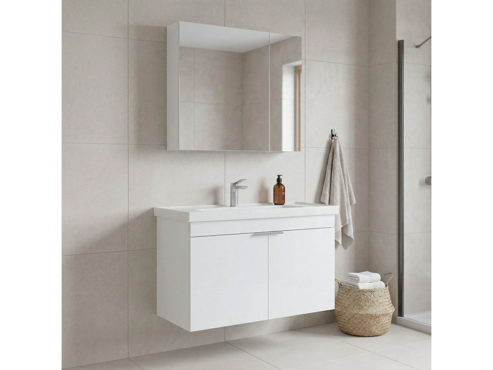 Ensemble Meuble Vasque avec Miroir (2 Pièces) "Desna 90" - 90 x 45 x 58 cm - Matte White