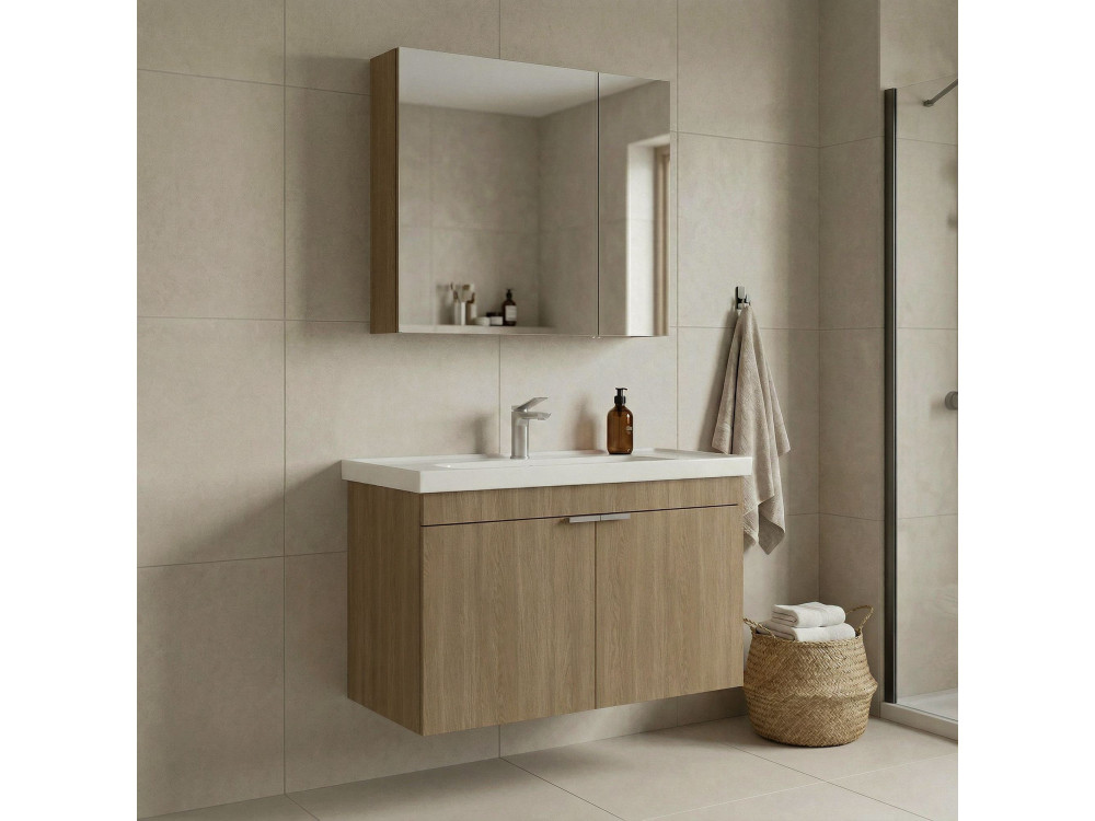 Ensemble Meuble Vasque avec Miroir (2 Pièces) "Desna 90" - 90 x 45 x 58 cm - Oak