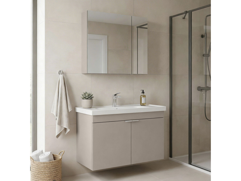 Ensemble Meuble Vasque avec Miroir (2 Pièces) "Desna 90" - 90 x 45 x 58 cm - Sand