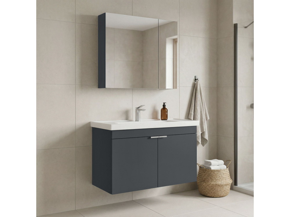 Ensemble Meuble Vasque avec Miroir (2 Pièces) "Desna 90" - 90 x 45 x 58 cm - Matte Anthracite