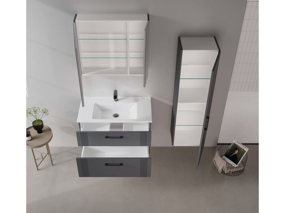 Ensemble Meuble Vasque avec Miroir (2 Pièces) "Bari 85 v2" - 85 x 45 x 55 cm - Matte Anthracite