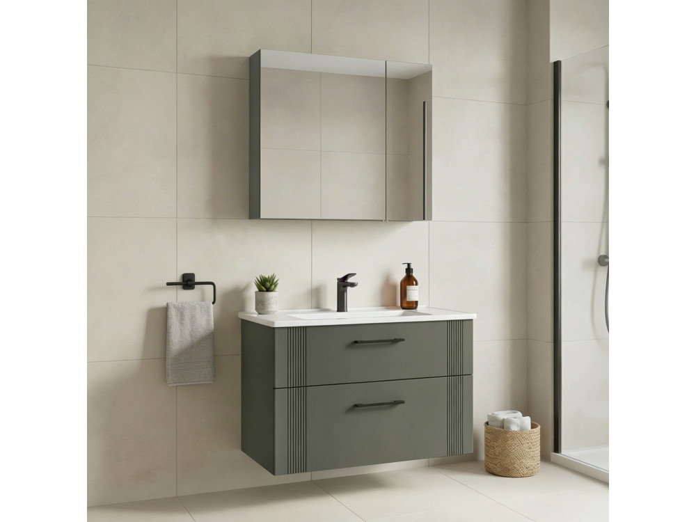 Ensemble Meuble Vasque avec Miroir (2 Pièces) "Bari 85 v2" - 85 x 45 x 55 cm - Matte Green