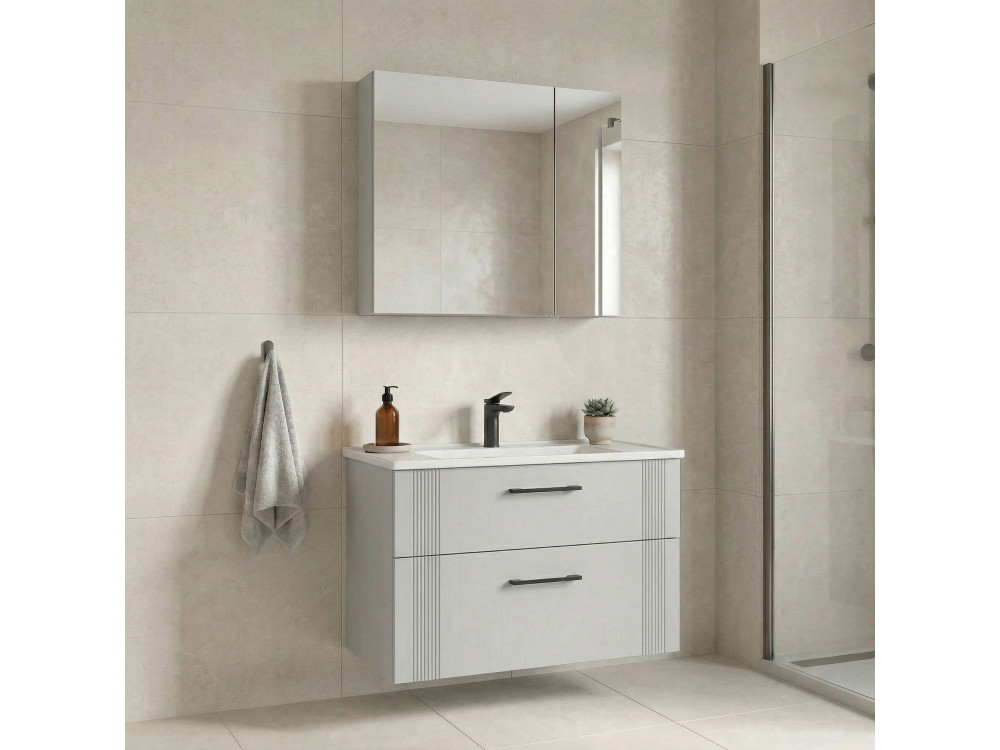 Ensemble Meuble Vasque avec Miroir (2 Pièces) "Bari 85 v2" - 85 x 45 x 55 cm - Matte White