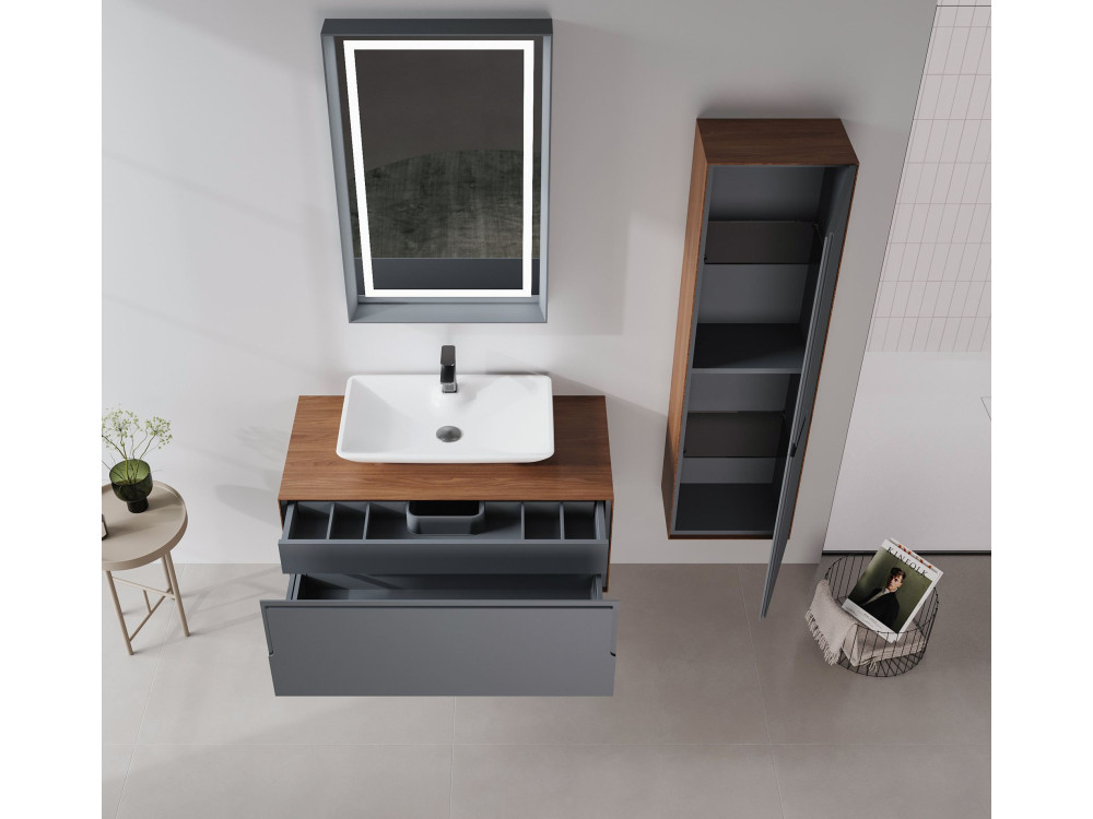 Ensemble Meuble Vasque avec Miroir (2 Pièces) "Craft 100" - 100 x 50 x 40 cm - Walnut / Anthracite / White