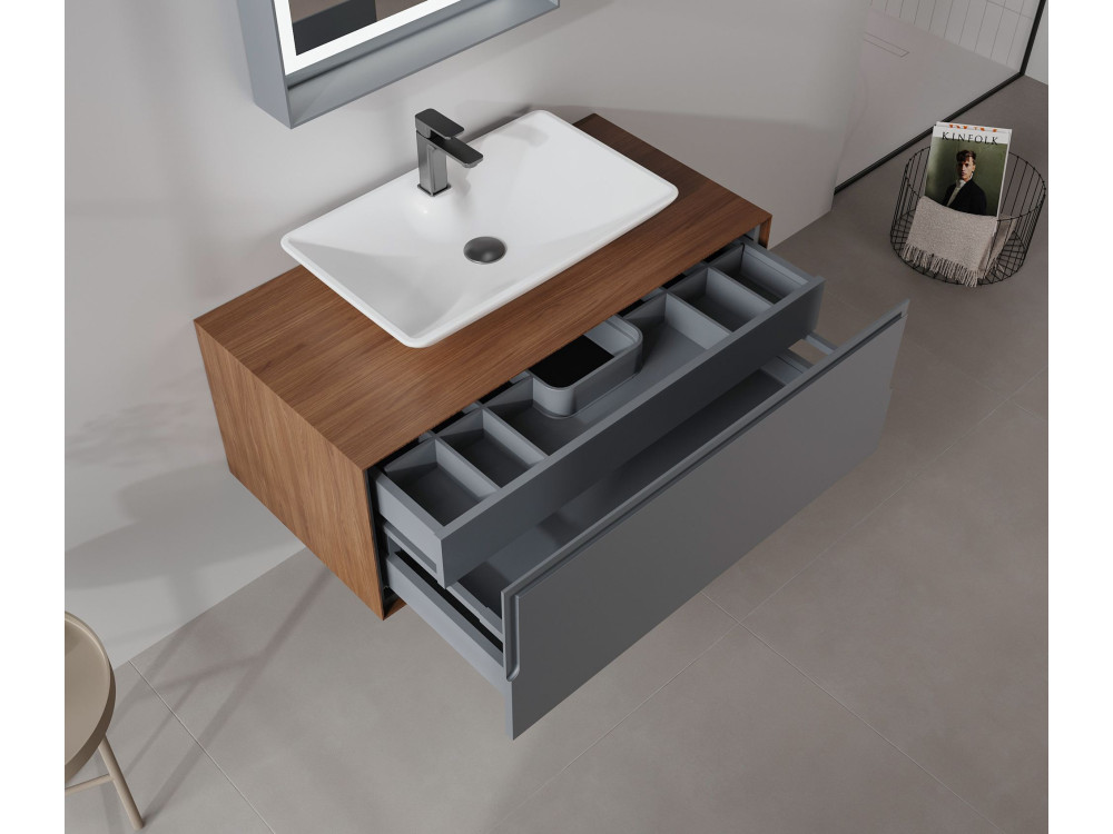 Ensemble Meuble Vasque avec Miroir (2 Pièces) "Craft 100" - 100 x 50 x 40 cm - Walnut / Anthracite / White