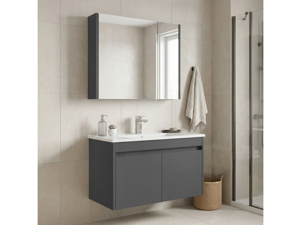 Ensemble Meuble Vasque avec Miroir (2 Pièces) "Arno 85" - 85 x 45 x 52 cm - Grey