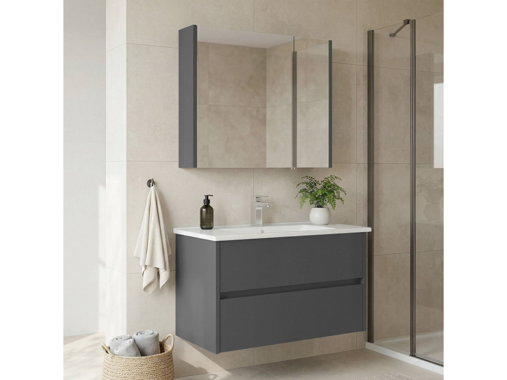Ensemble Meuble Vasque avec Miroir (2 Pièces) "Arno 85" - 85 x 45 x 52 cm - Grey