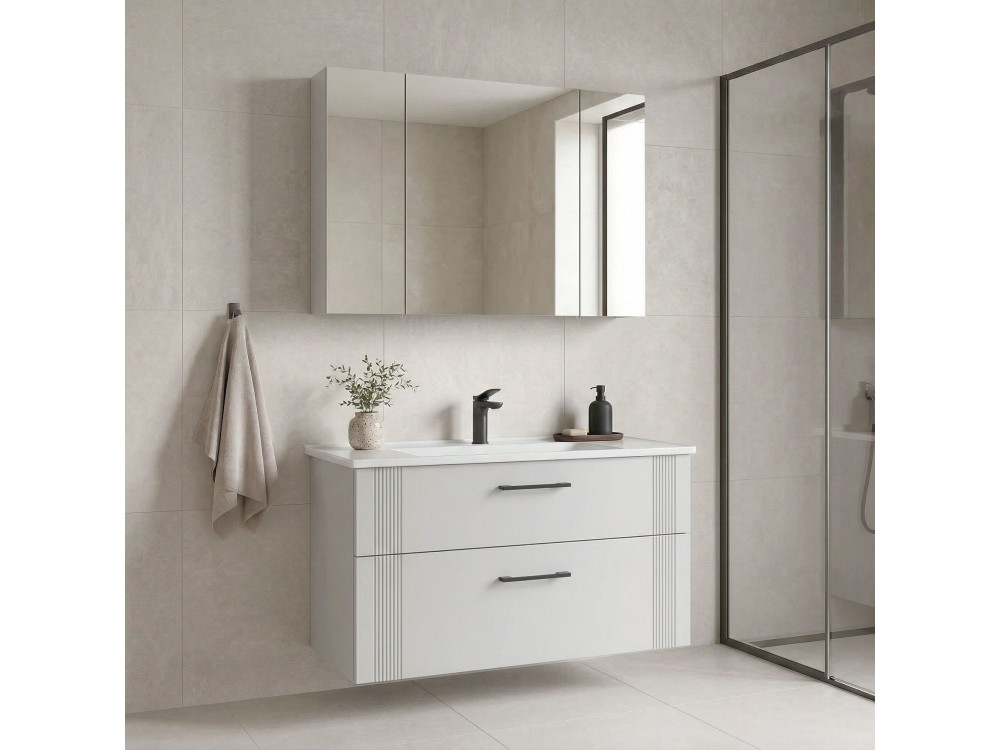 Ensemble Meuble Vasque avec Miroir (2 Pièces) "Bari 100 v2" - 100 x 45 x 55 cm - Matte White