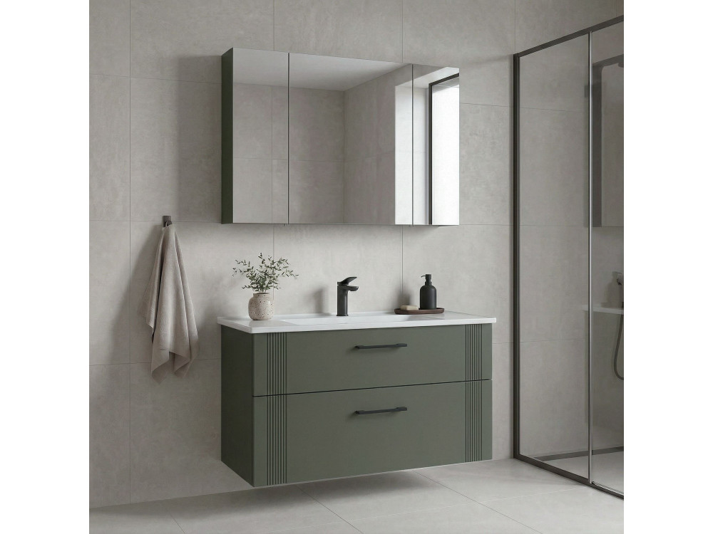 Ensemble Meuble Vasque avec Miroir (2 Pièces) "Bari 100 v2" - 100 x 45 x 55 cm - Matte Green