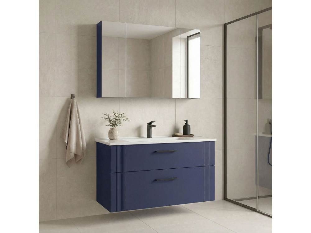 Ensemble Meuble Vasque avec Miroir (2 Pièces) "Bari 100 v2" - 100 x 45 x 55 cm - Matte Navy Blue