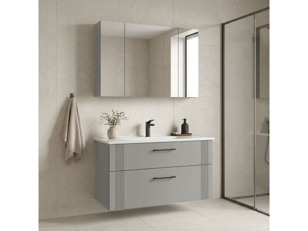 Ensemble Meuble Vasque avec Miroir (2 Pièces) "Bari 100 v2" - 100 x 45 x 55 cm - Matte Cashmere