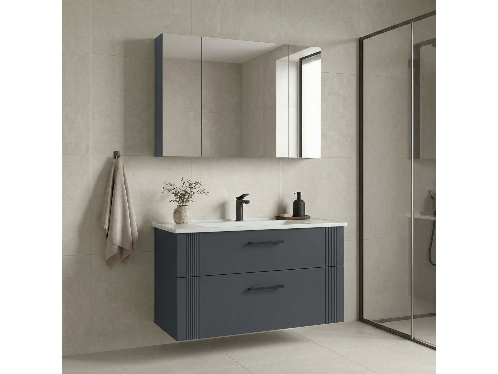 Ensemble Meuble Vasque avec Miroir (2 Pièces) "Bari 100 v2" - 100 x 45 x 55 cm - Matte Anthracite