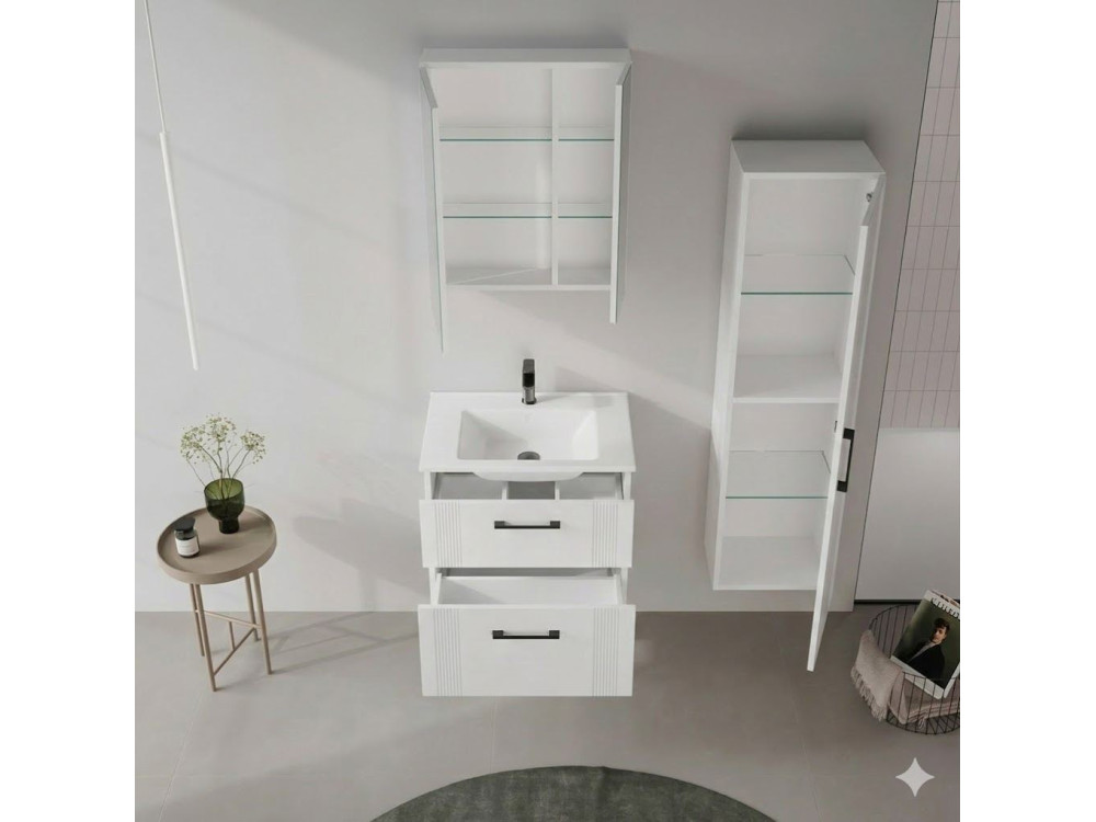Meuble Salle de Bain avec Miroir "Bari 60" - 60 x 16 x 66 cm - Matte White