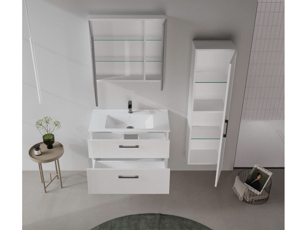 Meuble Salle de Bain avec Miroir "Bari 80" - 75 x 16 x 66 cm - Matte White