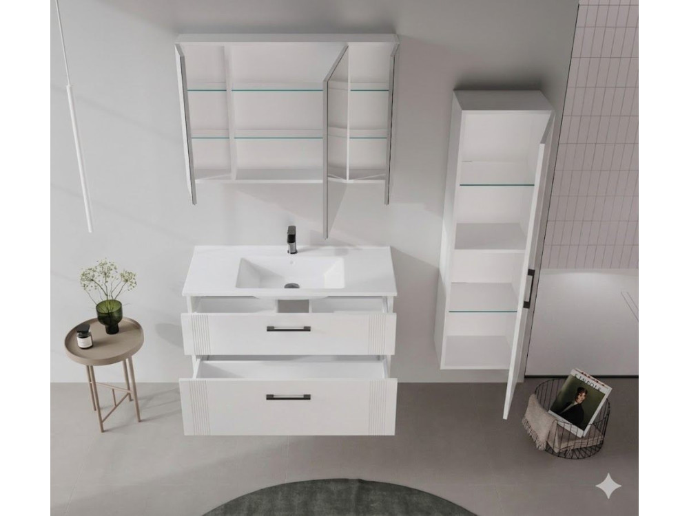 Meuble Salle de Bain avec Miroir "Bari 100" - 97 x 16 x 66 cm - Matte White