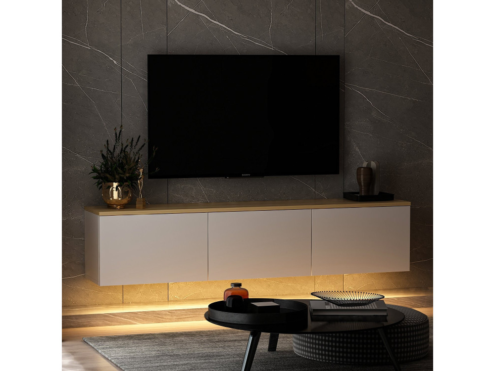 Meuble TV suspendu en bois avec éclairage LED "Neon" - 160 x 32 x 35 cm - Blanc