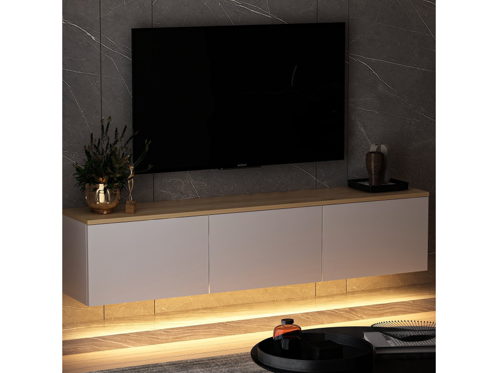 Meuble TV suspendu en bois avec éclairage LED "Neon" - 160 x 32 x 35 cm - Blanc