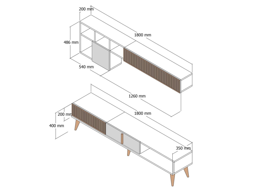 Meuble TV en bois "Milan" - 180 x 35 x 40 cm - Noyer, Travertin