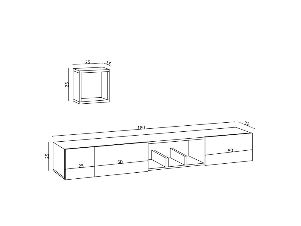 Meuble TV avec étagère murale en bois "Avior" - 180 x 32 x 25 cm - Beige